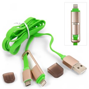 USB кабель, USB тип A, micro USB тип B, Lightning, зеленый, 2 в 1