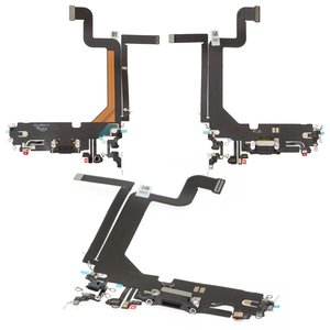 Шлейф для iPhone 14 Pro Max, конектора зарядки, чорний, з мікрофоном, з компонентами, High Copy