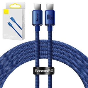 USB кабель Baseus Crystal Shine Series, 2xUSB тип C, 200 см, 100 Вт, синий, в нейлоновой оплетке, #CAJY000703