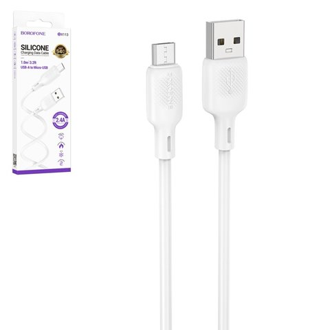 USB кабель Borofone BX113, USB тип A, micro USB тип B, 100 см, 2,4 А, білий, #6941991115424