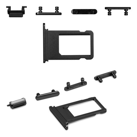 Cubierta de tecla lateral de carcasa puede usarse con Apple iPhone 7, juego completo,  con sujetador de tarjeta SIM, negro