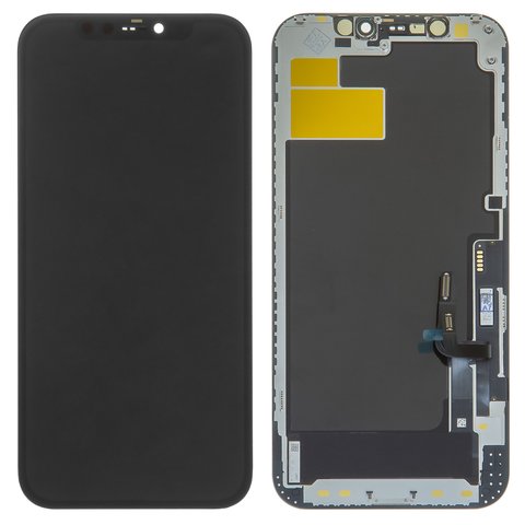 Дисплей для iPhone 12, iPhone 12 Pro, черный, с рамкой, PRC, с пластиками камеры и датчика приближения, Self welded OEM