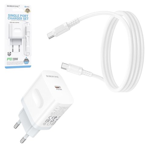 Adaptador de red Borofone BA99A, 20 W, Power Delivery PD , blanco, con cable USB tipo C USB tipo C, 1 puerto, #6941991121371