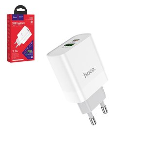 Мережевий зарядний пристрій Hoco C80A, 20 Вт, Quick Charge, Power Delivery PD , білий, без кабеля, 2 порта, #6931474740519