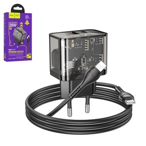 Мережевий зарядний пристрій Hoco N34, 20 Вт, Power Delivery PD , чорний, прозорий, з кабелем USB тип C до Lightning для Apple, 2 порта, #6931474799173